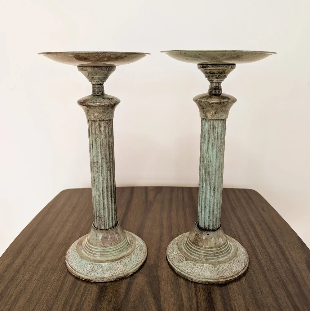 Vintage 1970s Greecian Roman Piller Style Metal Patina Tall Candle Holder Pair